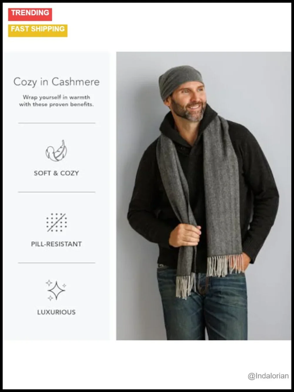 Men's 100% Pure Cashmere Winter Scarf with Fringe, 2-Ply Ultra Plush